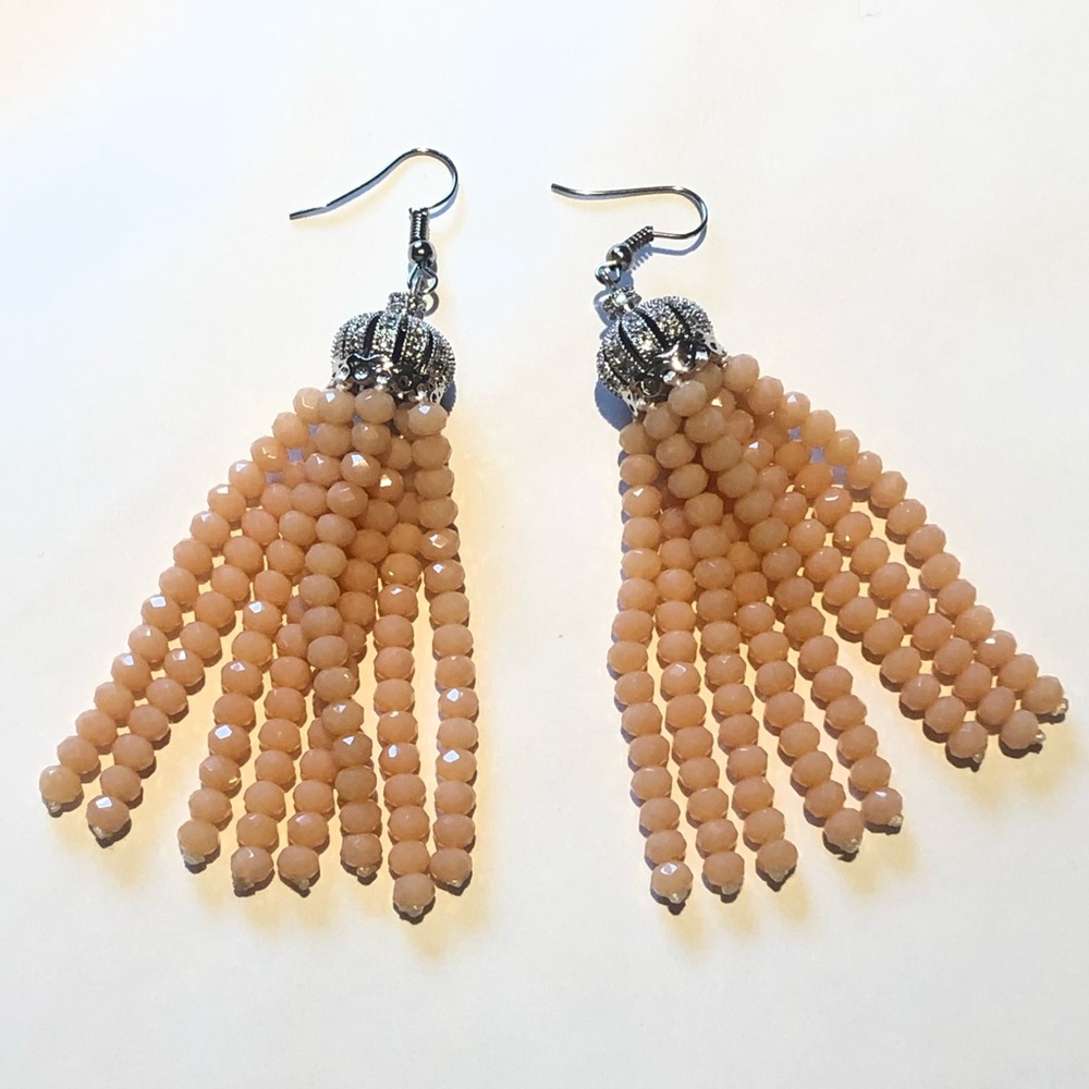 Peach/Silver Crystal Tassel Earrings (Han…